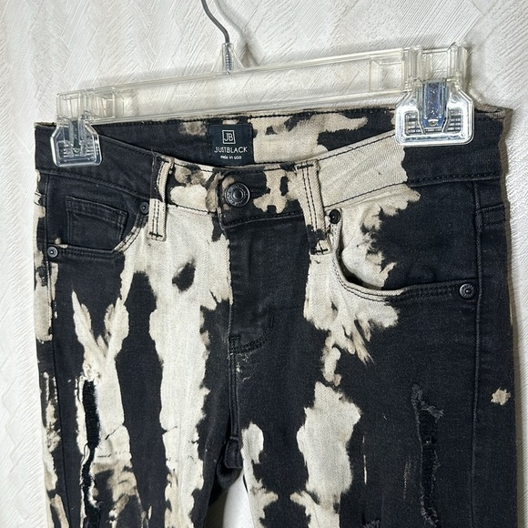 💙 JUST BLACK Womens Jeans black bleach wash Tie Dye Mid Rise Denim Distressed - Picture 4 of 8